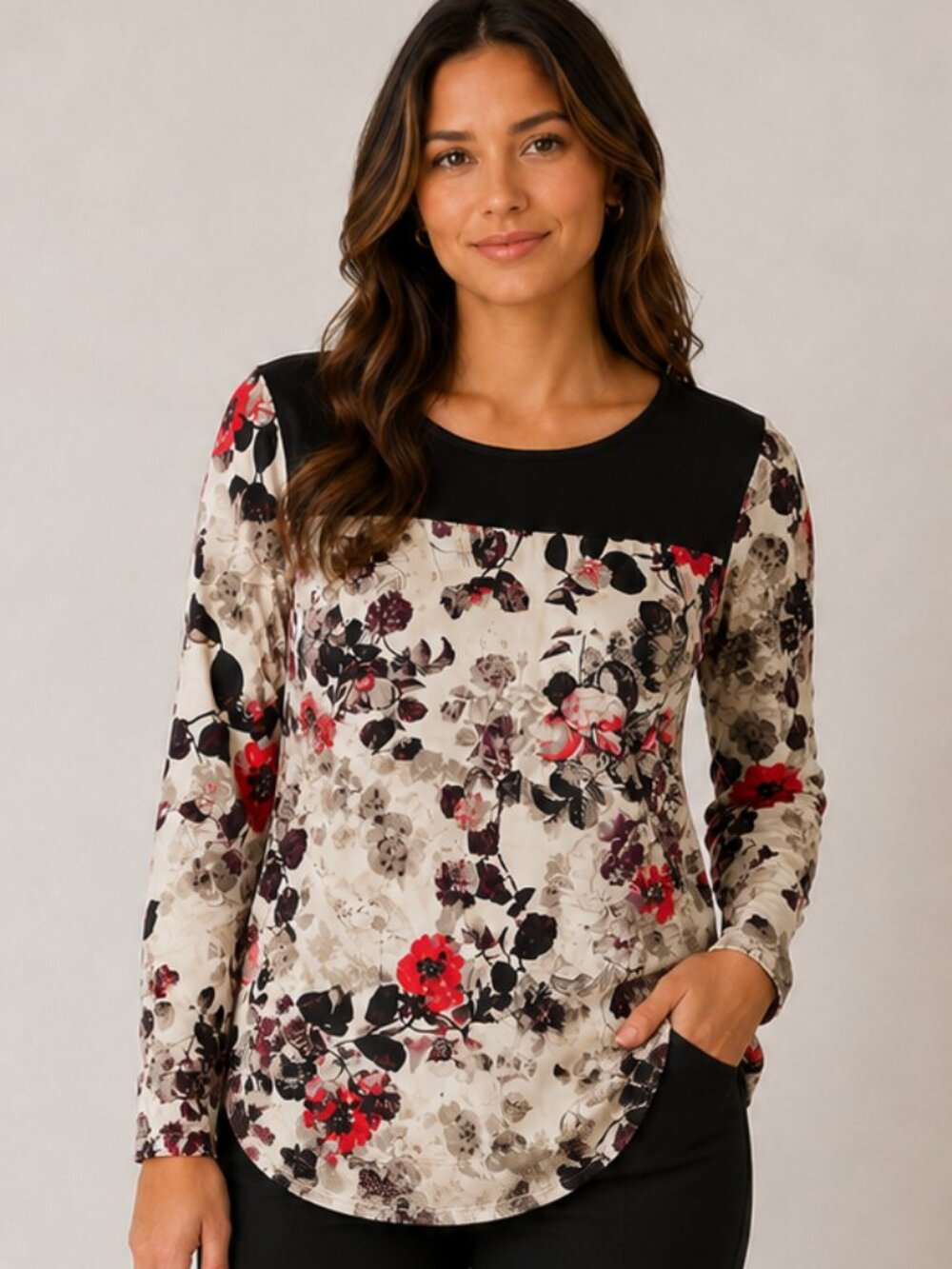 DKNY Floral Long Sleeve Yoke Top Blouse Mauve Gray Black L Large LIKE NEW